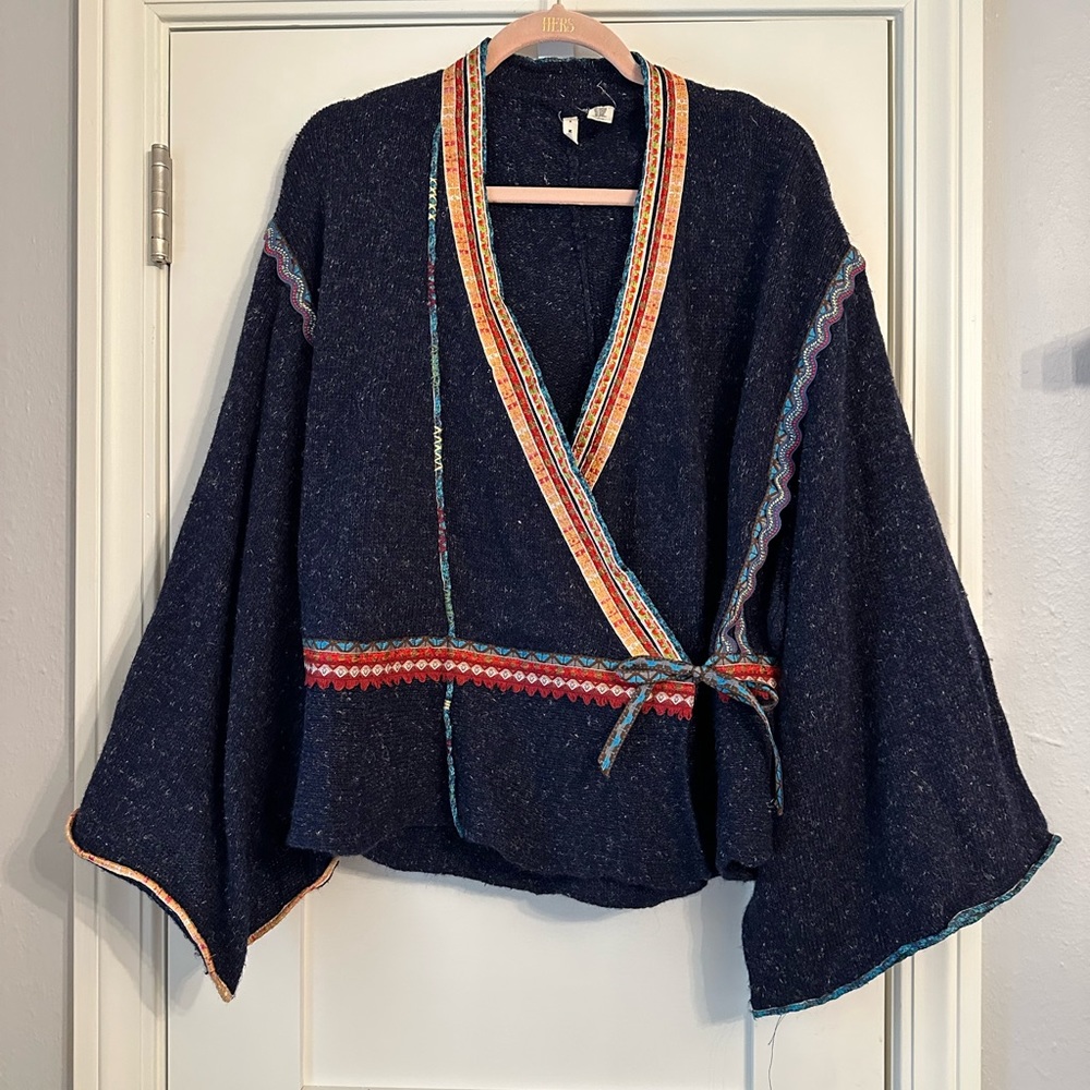Anthropologie Dark Blue Cardigan with Colorful Accents